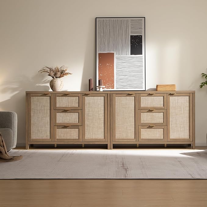 SICOTAS Rattan Large Sideboard Buffet Cabinet with Storage - Farmhouse Boho Coffee Bar Storage Cabinet with 3 Drawers and 2 Doors, Tall Credenza for Living Room, Kitchen, Caramel Oak (2 Pieces)