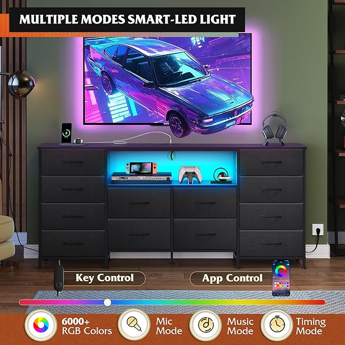WLIVE 12 Drawer Dresser for Bedroom, Black Dresser TV Stand for 65, 70, 75 inch TV with Led Light & Charging Station, Wide Chest of Drawers with Open Shelves, Fabric Dressers for Closet, Living Room