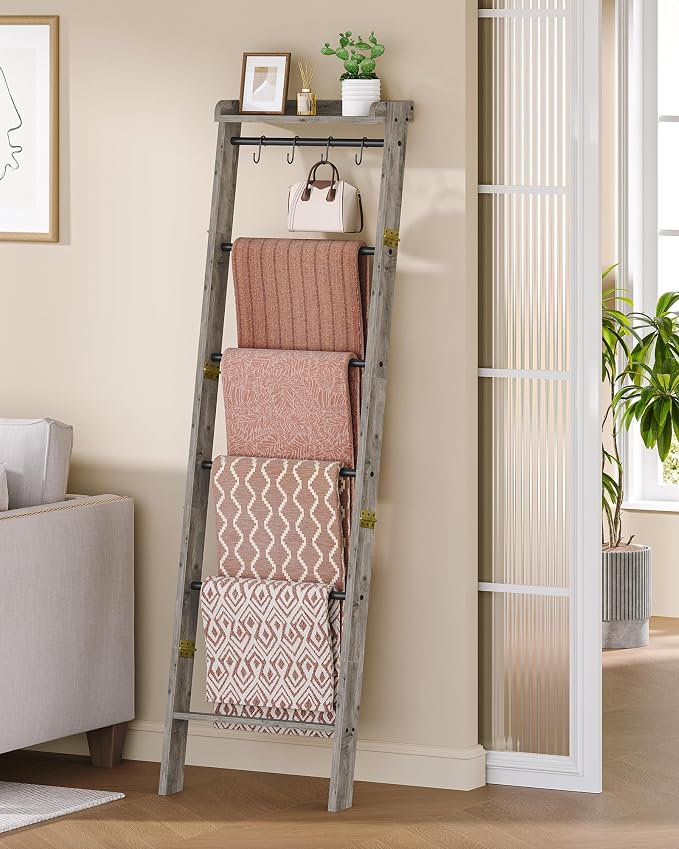 Hzuaneri Blanket Ladder Shelf, Decorative Quilt Rack, 7-Tier Farmhouse Ladder Holder Organizer with 4 Removable Hooks 7.9" D x 17.3" W x 66.9" H, Greige BR36805B