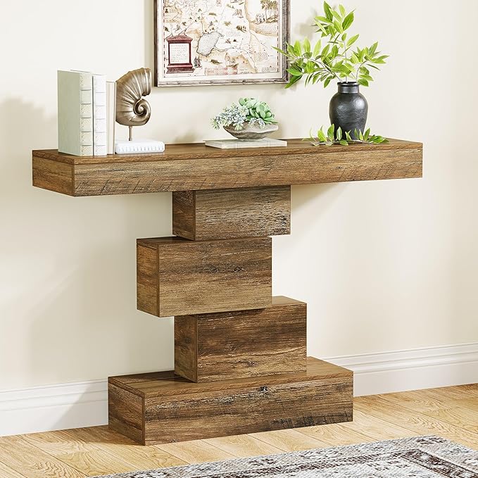 Tribesigns 42.5" Farmhouse Console Table, Narrow Wood Sofa Table Behind Couch with Geometric Base, Industrial Entryway Accent Table for Living Room, Hallway, Entrance (Light Brown)