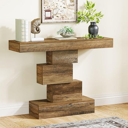 Tribesigns 42.5" Farmhouse Console Table, Narrow Wood Sofa Table Behind Couch with Geometric Base, Industrial Entryway Accent Table for Living Room, Hallway, Entrance (Light Brown)