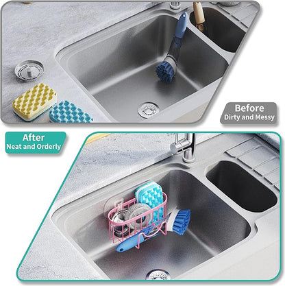 HapiRm Sponge Holder for Kitchen Sink - Sink Caddy with Unique M-Shaped, 2 Installation Methods Kitchen Organizer, Rustproof Stainless Steel Sponge Caddy - Pink