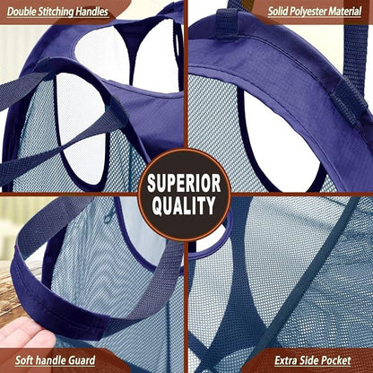 2 Pcs Strong Mesh Pop up Laundry Hamper,House Again Collapsible Laundry Basket with Durable Handles Solid Bottom High Carbon Steel Frame, Space-Saving, Easy to Open and Fold Flat for Storage(Blue)