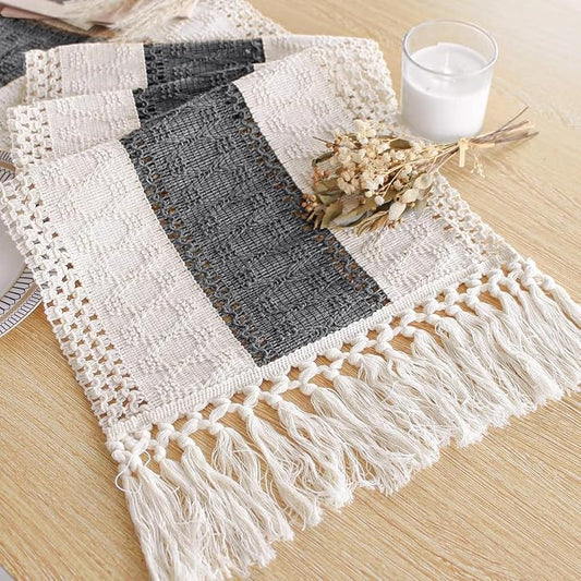FEXIA Boho Table Runner for Summer Home Decor with Tassels 108 Inches Long Farmhouse Grey Rustic Burlap Table Runner Macrame Table Decoration for Kitchen Bedroom Living Room (12x108 Inches)