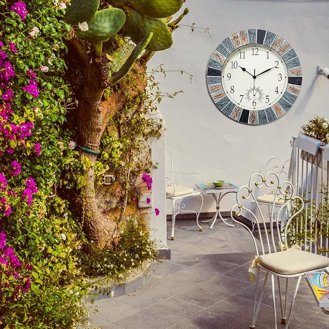 UMEXUS Outdoor Clock with Thermometer, 13 Inch Retro Large Waterproof Wall Clocks Indoor Silent Non-Ticking Battery Operated Weatherproof Decor for Garden Kitchen Bathroom Mother Gift