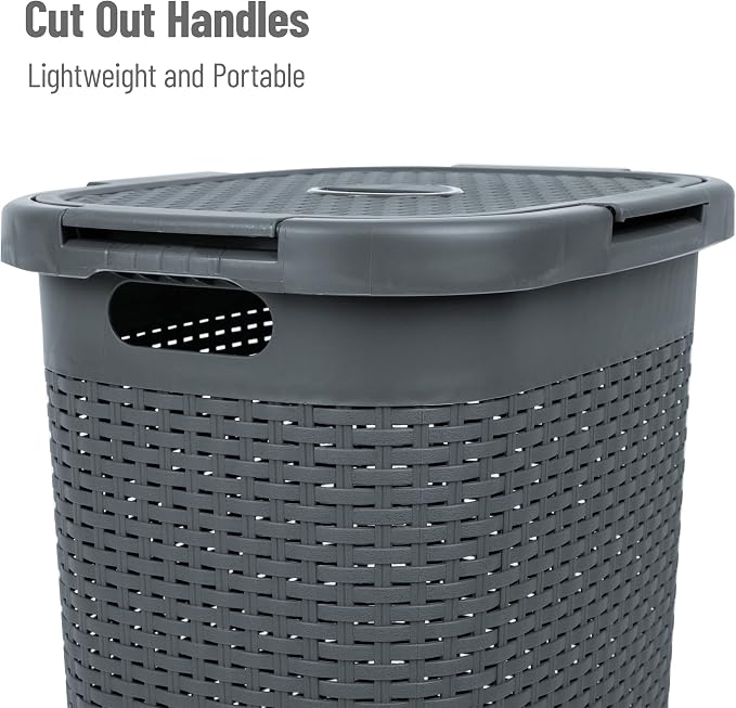 Mind Reader 60L Slim Laundry Hamper, Clothes Basket, Lid, Wicker Style, Plastic, 17.65"L x 13.75"W x 24.15"H, Set of 2, Gray