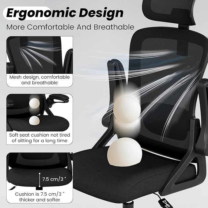 Fizzin Office Chair, Ergonomic Office Chair with High Back Mesh and Adjustable Lumbar Support, Home Mesh Office Desk Chairs with Wheels, Comfortable Gaming Chair for Long Hours (Deep Black)