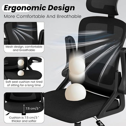 Fizzin Office Chair, Ergonomic Office Chair with High Back Mesh and Adjustable Lumbar Support, Home Mesh Office Desk Chairs with Wheels, Comfortable Gaming Chair for Long Hours (Deep Black)