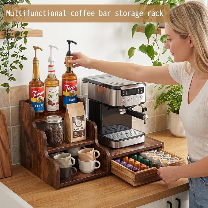 Wood Coffee Bar Organizer Station with Syrup Rack and Capsule Drawer, 3 Tier Coffee Syrup Organizer for Countertop, Coffee Station Organizer with Storage for Coffee Pods, Espresso Machine Stand Shelf