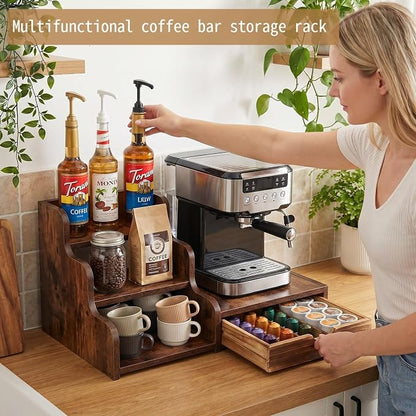 Wood Coffee Bar Organizer Station with Syrup Rack and Capsule Drawer, 3 Tier Coffee Syrup Organizer for Countertop, Coffee Station Organizer with Storage for Coffee Pods, Espresso Machine Stand Shelf