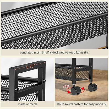ThreeHio 6 Tier Slim Storage Cart, Narrow Cart with Wheels, Metal Mobile Shelving Unit Organizer for Kitchen, Bathroom, Laundry Room, Living Room & Narrow Spaces, Black, 6in(W)