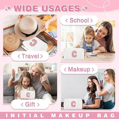 Small Initial Patch Makeup Bag Personalized Gifts Make Up Bag,White Cute PU Leather Glitter Letter Cosmetic Bag with Zipper,Trendy Portable Travel Toiletry Pouch,Preppy Stuff for Teen Girls Women C
