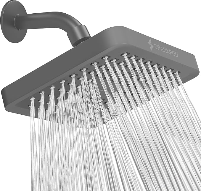 SparkPod Rain Shower Head, 6 Inch Square | High Pressure Shower Heads, 90 Nozzle (Touch-to-Clean), Adjustable Showerhead, No-tool Universal Connection