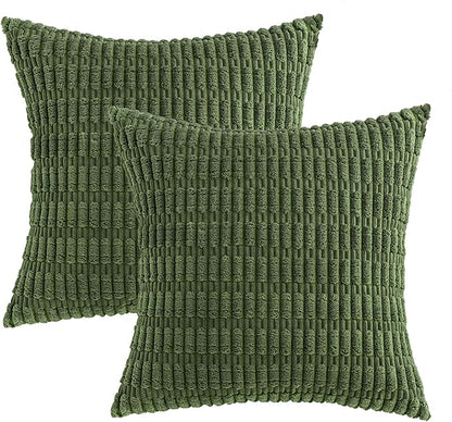 MIULEE Pack of 2 Spring Corduroy Decorative Throw Pillow Covers 16x16 Inch Soft Boho Striped Pillow Covers Modern Farmhouse Home Decor for Summer Sofa Living Room Couch Bed Moss Green