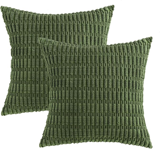 MIULEE Pack of 2 Spring Corduroy Decorative Throw Pillow Covers 20x20 Inch Soft Boho Striped Pillow Covers Modern Farmhouse Home Decor for Summer Sofa Living Room Couch Bed Moss Green