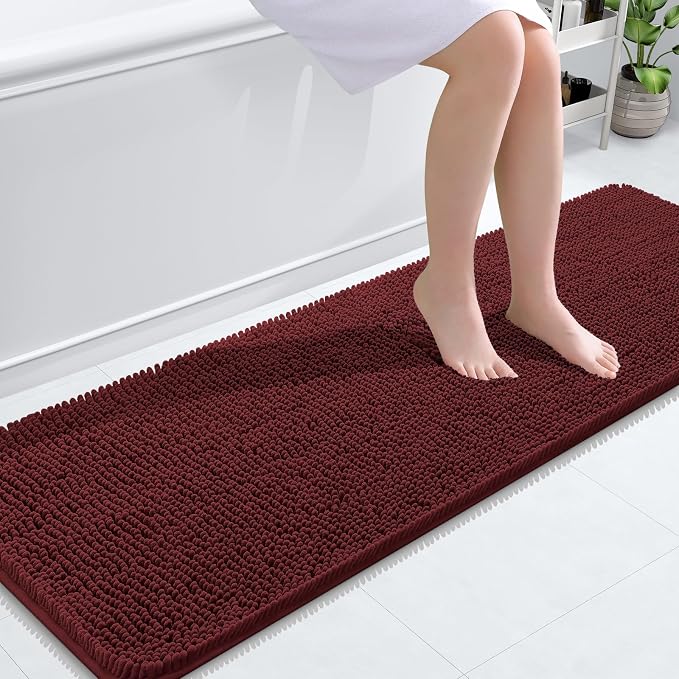 OLANLY Bathroom Runner Rugs 59x20, Soft Absorbent Chenille Bath Rugs, Rubber Backing Quick Dry, Machine Washable Long Bath Mats for Bathroom, Tub and Shower, Home Decor Accessories, Andorra Red-Brown