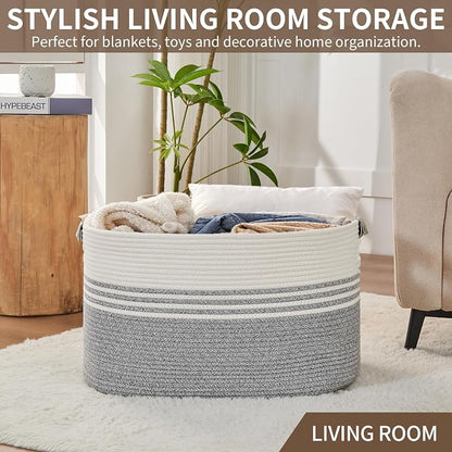 AINUOQI Laundry Basket with Handles - Blanket Basket & Hampers for Bedroom Aesthetic, Laundry Hamper & Blanket Storage for Living Room, Clothes Hamper, Tall, Large 21.7" x 16.9" x 11.8”, Grey