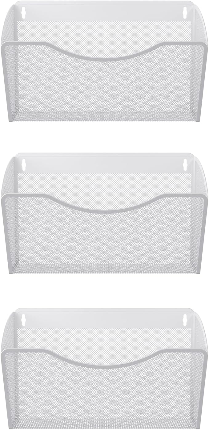 EasyPAG Wall File Organizer 3 Pack, Hanging File Organizer Wall Mount, Metal Mesh Folder Holder for Letter/A4 Papers, Mail Sorter for Office, Classroom, Home, White
