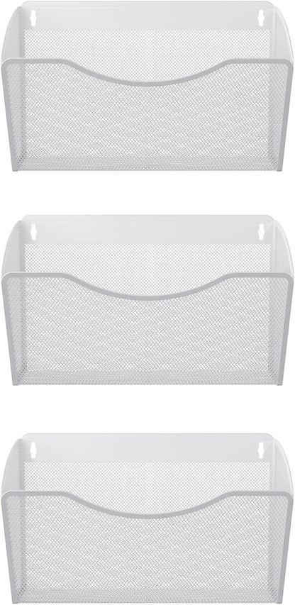 EasyPAG Wall File Organizer 3 Pack, Hanging File Organizer Wall Mount, Metal Mesh Folder Holder for Letter/A4 Papers, Mail Sorter for Office, Classroom, Home, White