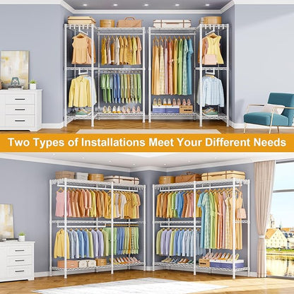 E15 Garment Rack L Shaped Clothes Rack for Corner，Freestanding Clothing Racks for Hanging Clothes，Heavy Duty Closet Organizer with 4 Hanging Rods & 8 S Hooks，43.4" W x 15.8" D x 78.4" H，White