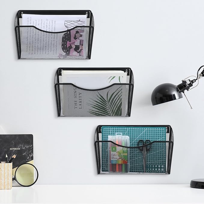 Tenceur 3 Pcs Mesh Letter Wall File Folder Cubicle File Holder Hanging Wall Mounted File Holder 3 Pocket Vertical File Organizer for Office Home Room Storage Basket(13.19 x 12.2 x 3.07 Inch,Black)