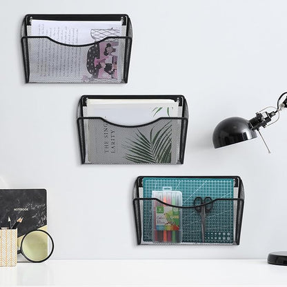 Tenceur 3 Pcs Mesh Letter Wall File Folder Cubicle File Holder Hanging Wall Mounted File Holder 3 Pocket Vertical File Organizer for Office Home Room Storage Basket(13.19 x 12.2 x 3.07 Inch,Black)