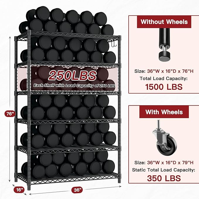 PrimeZone 6 Tier Wire Shelving with Wheels 79''H 1500lbs Storage Shelves NSF Certified Heavy Duty Steel Metal Shelf Adjustable Rolling Rack Kitchen Garage Closet Pantry Laundry 79''HX36''WX16''D