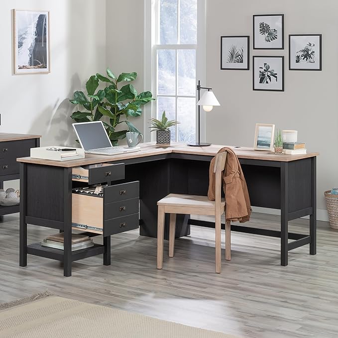 Sauder Cottage Road L Shaped Desk Computer Desk with Drawers, Home Office Desk with Optional File Cabinet Storage, Cable Management, in Raven Oak Finish