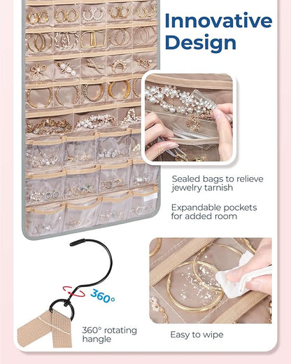 BAGSMART Hanging Jewelry Organizer, Necklace Holder Anti-tangle Earrings Rings Hanger with Pockets Hang on Closet, Wall, Door,1 Piece, Extra Large Grey