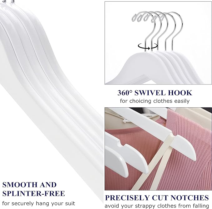 Amber Home 10 Pack White Wooden Hangers, White Wood Shirt Hangers with Notches for Dress, Clothes Hangers for Jacket, Coat, Bridal (White, 10)