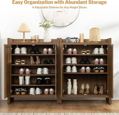 SICOTAS Shoe Cabinet, 24 Pair Shoe Storage Organizer Cabinet, 41" Tall Rattan Shoe Cabinet with Doors and Shelves, 6-Tier Farmhouse Boho Wooden Storage Cabinet for Entryway Hallway Closet