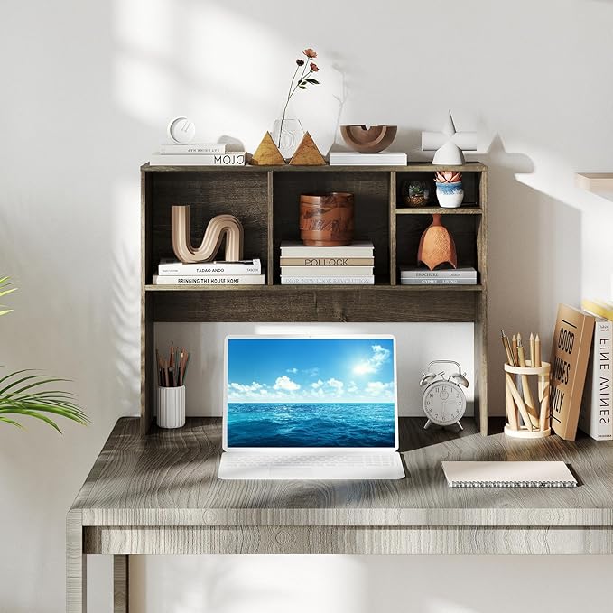 LDAILY Desktop Bookshelf, 2-Tier Office Desk Shelf Organizer with 4 Shelves, 37’’L Wood Storage Rack Display Shelf for Computer Desk, Office, Dorm, Bedroom (Grey)