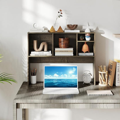 LDAILY Desktop Bookshelf, 2-Tier Office Desk Shelf Organizer with 4 Shelves, 37’’L Wood Storage Rack Display Shelf for Computer Desk, Office, Dorm, Bedroom (Grey)