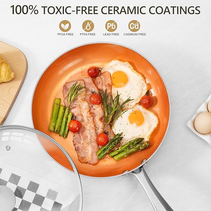 MICHELANGELO 12 Inch Frying Pan with Lid, Nonstick Copper Frying Pan, Non Stick Ceramic Skillet with Lid, Large Copper Pan Non-Stick, Induction Compatible