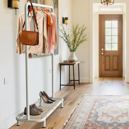Simple Houseware Clothing Rack with Industrial Pipe and Bottom Shelves, White