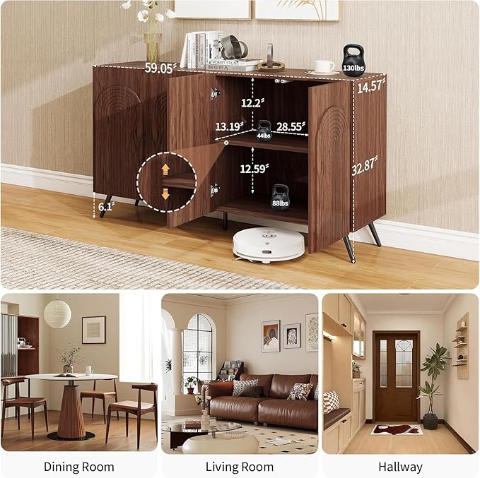 59" Accent Storage Cabinet with 4 Doors, Modern Decorative Cabinet with 3D Carved Door, Sideboard Buffet Cabinets with Adjustable Shelves, Credenza for Living Room, Entryway, Kitchen, Walnut