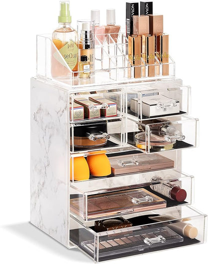 Sorbus Acrylic Makeup Organizer Set, 7-Drawer Vanity & Countertop Cosmetic Storage with Small & Wide Compartments, Marble Print Makeup Storage for Brushes, Jewelry – Holiday Gift for Women & Teens