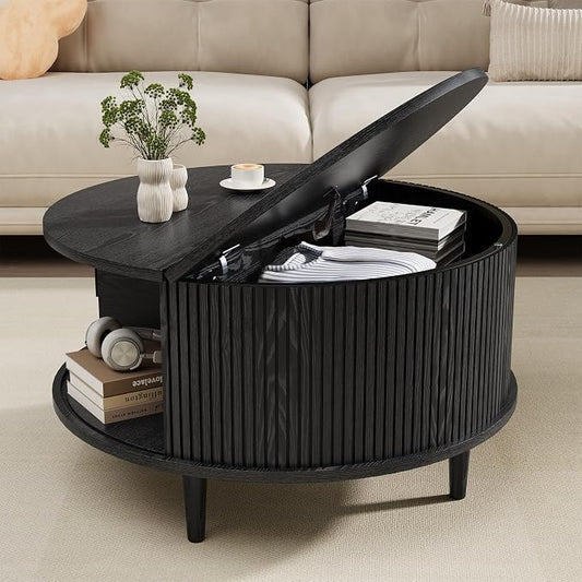 Round Coffee Table with Storage, Mid Century Modern Coffee Table, Fluted Dining Table with Sliding Door, Circle Coffee Table for Living Room Home Office, 31.5", Black