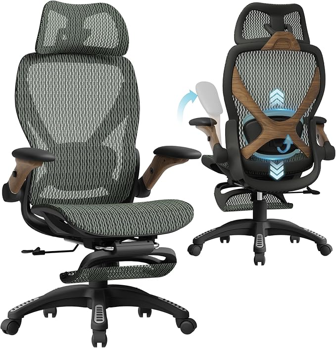 ELABEST X100 Ergonomic Mesh Office Chair with Footrest, Big and Tall Hone Desk Chair with 5D Flip-Up Arms, Adjustable 3D Lumbar Support,Gaming & Executive Computer Chairs