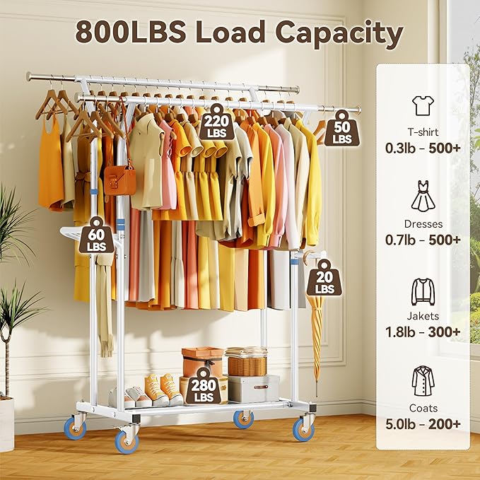 Heavy Duty Clothes Rack for Hanging Clothing: 800LBS Rolling Coat Racks Poartable Garment with Wheels Shelves Freestanding Sturdy Metal Adjustable Extendable Bedroom Laundry Living Room