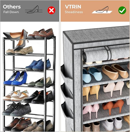 VTRIN Vertical Narrow Shoe Rack Organizer Tall Shoe Rack for Closet Entryway 10 Tier Non-Woven Cover Shoe Shelf Holds 36-41 Pairs Free Standing Shoe Storage Cabinet with Dustproof Cover, Multi Color