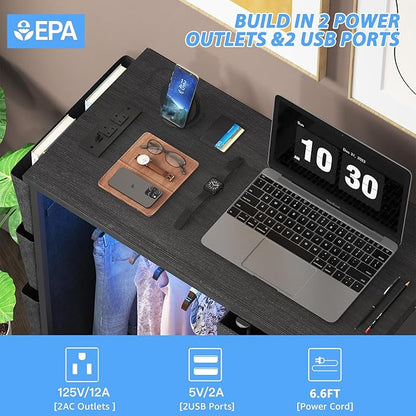 6 Drawer Dresser for Bedroom with Clothes Rack, Clothes Dresser with Side Pockets and Hooks, Charging Station & LED Lights, Wooden Top, Fabric Storage (Black)