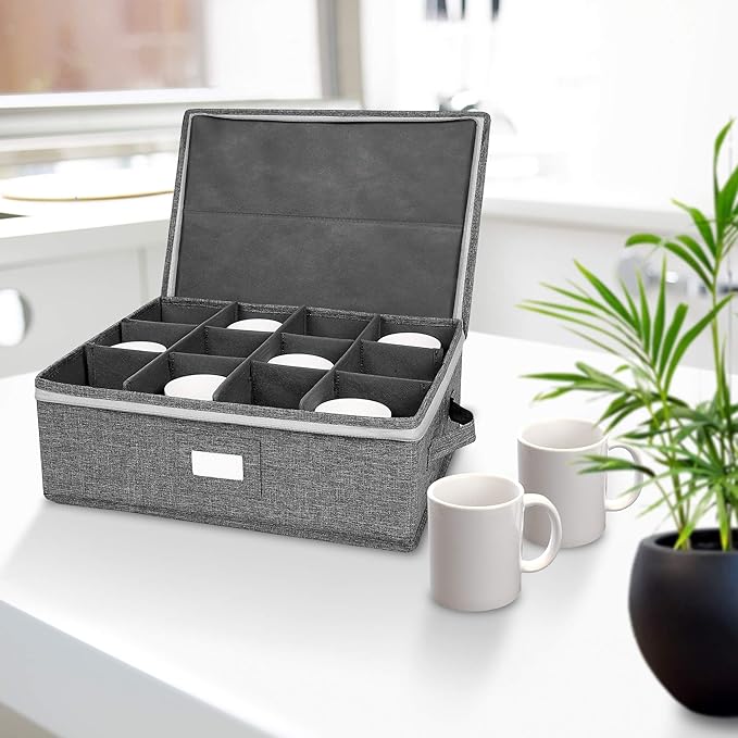 popoly Cup and Mug Storage 2 Pack, Coffee Mug Storage Holds 24 Mugs, Tea Cups and Glasses with with Hard Shell and Dividers, Hard Top, Sides and Stackable (Grey)