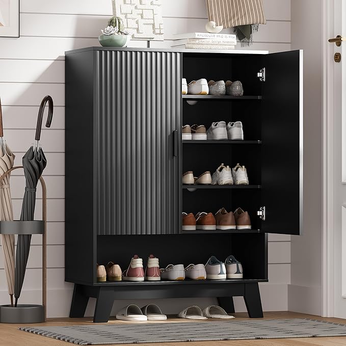 Shoe Cabinet Storage for Entryway with Doors, 5 Tier Fluted Shoe Organizer with Adjustable Shelves, Entryway Shoe Storage with Wooden Legs, Freestanding Hidden Shoe Rack for Front Door Entrance, Black