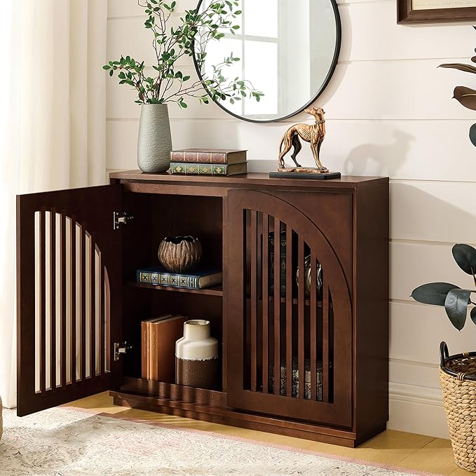 LKTART Arch Doors Sideboard Buffet Storage Cabinet,Mid Century Modern Storage Cabinet with Shelves,Wood Coffee Bar for Living Room, Kitchen, Hallway-Dark Walnut