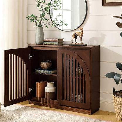 LKTART Arch Doors Sideboard Buffet Storage Cabinet,Mid Century Modern Storage Cabinet with Shelves,Wood Coffee Bar for Living Room, Kitchen, Hallway-Dark Walnut