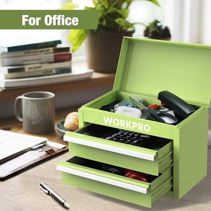 WORKPRO Mini Metal Tool Box with 2 Drawers and Top Storage, Small Tool Chest with PVC Liners and PP Feet Pads, Cold Rolled Steel Toolbox with Magnetic Tab