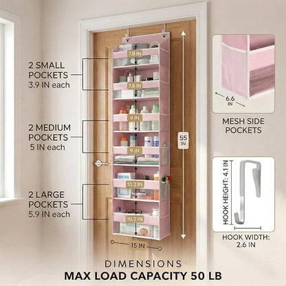 HOMELUX THEORY UPGRADED 6 Tiers Over The Door Organizer Hanging - 100D EXTRA THICK & 50lbs HUGE CAPACITY, 12 Side Mesh Pockets Over The Door Shoe Organizer, Hanging Closet Organizer (Baby Pink, 2pc)