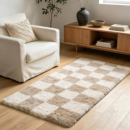 Shag Runner Rug for Bedroom Living Room 3x7 Upgrade Non-Slip Fluffy Soft Bedside Rugs,Beige and White Shaggy Carpet for Livingroom Dorm Home Decor Aesthetic