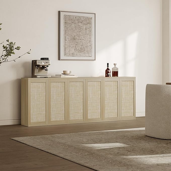 SICOTAS Rattan Sideboard Buffet Storage Cabinet - Farmhouse Boho Coffee Bar Cabinet with Adjustable Shelves, Large Console Table Credenza Stand for Living Room, Dining Room, Entryway, 3 PCS